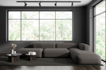 Fototapeta na wymiar Grey chill room interior with couch and coffee table, panoramic window