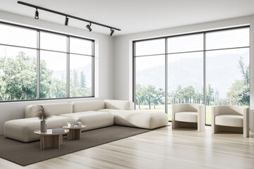 Naklejka na ściany i meble Stylish living room interior with couch and coffee table, panoramic window