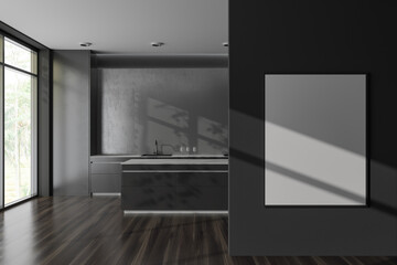 Grey kitchen interior with bar countertop, panoramic window. Mockup frame