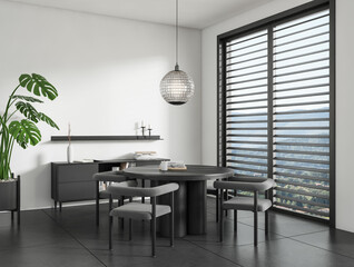 Light dining room interior with table and chairs, drawer and window. Copy space