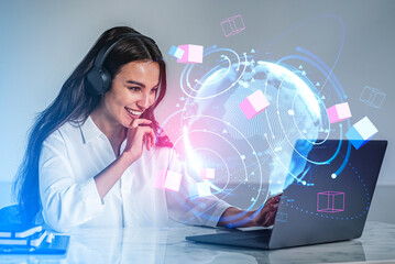 Businesswoman in headphones, using laptop, earth sphere and digital connection