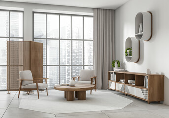 Light living room interior with armchairs and decoration, panoramic window