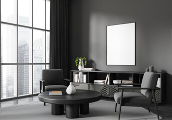 Grey living room interior with seats and panoramic window, mockup frame