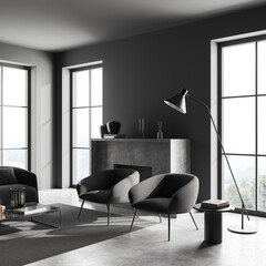 Grey living room interior with armchair, couch and fireplace, panoramic window