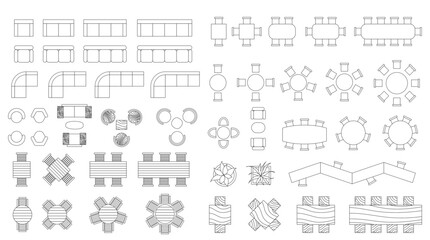 A set of vector illustrations of furniture that can be used for architectural floor plans