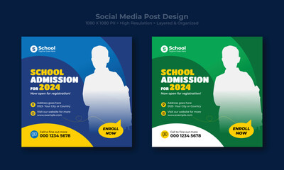 Square school admission instagram and facebook post design. Back to school social media post or web banner design template.