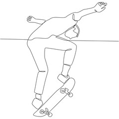 Continuous line drawing a man do skateboarding
