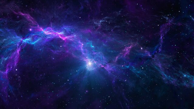Space background. Flying through blue and violet nebula with stars field. Digital animation, 3D rendering