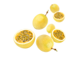 Yellow passion fruit (Passiflora edulis) levitate isolated on white background..