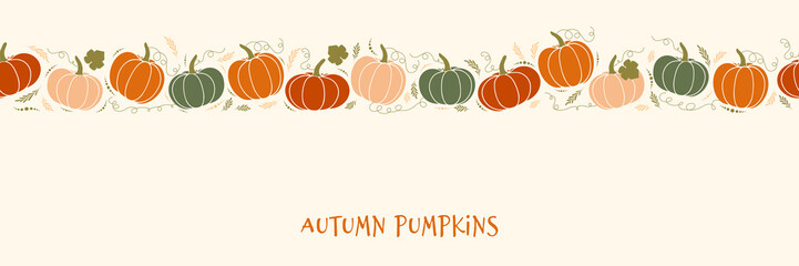 Horizontal seamless pattern, cute squash. Vector illustration with cozy pumpkins. Thanksgiving background for linen, textiles, banner. Halloween party with gourds. Hygge design. - 531384723