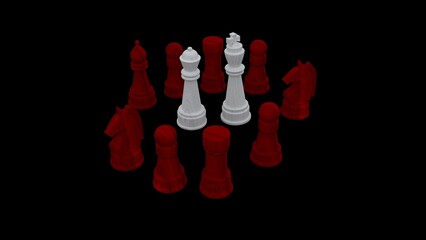 A game of chess red and white on black win. Contrast winner bright king and queen. The queen is always beautiful. The power of king and queen. The will to win. The enemy has been defeated. Brightly.