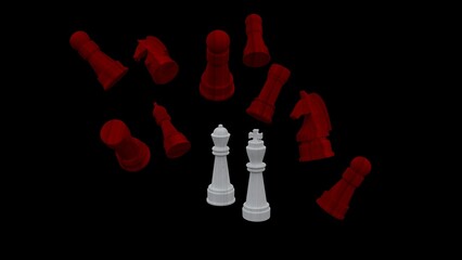 A game of chess red and white on black win. Contrast winner bright king and queen. The queen is always beautiful. The power of king and queen. The will to win. The enemy has been defeated. Brightly.