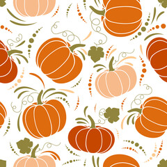 Vector cartoon illustration, hello autumn. Seamless pattern with cozy orange pumpkins, green pumpkin leaves. Thanksgiving day background. Hygge time. Halloween party kitchen linen decor with squash.