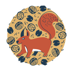 Small forest animal. A red squirrel with a fluffy tail stands on four legs. A set of whole walnuts, their halves in the shell and kernels. Illustration in the style of flat contour graphics. 