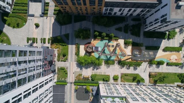 Drone aerial view playground in modern building Residential complex Faina Town. Construction of residential premises. Kyiv capital of Ukraine