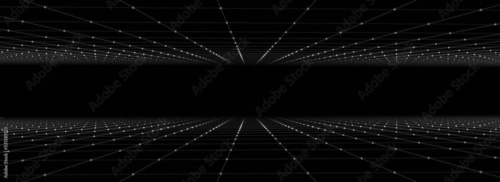 Poster vector double perspective grid on black background. digital cyberspace. network connection structure