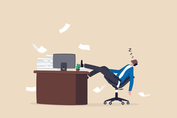 Quiet quitting, lack of work motivation, work boredom or morality, exhaustion or burn out from hard work without recognition concept, unhappy businessman sleeping while working at busy workplace.