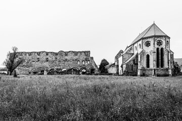 Ruins of the Cistercian Abbey of Carta; Gothic Style church in Transylvania, Romania; Carta Monastery in black and white