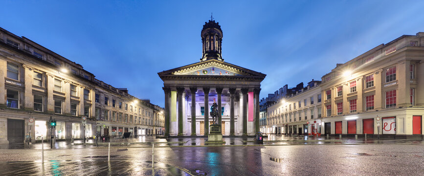 Gallery of Modern Art in Royal Exchange Square in the heart of Glasgow city centre in twilight , Scotland, panorama