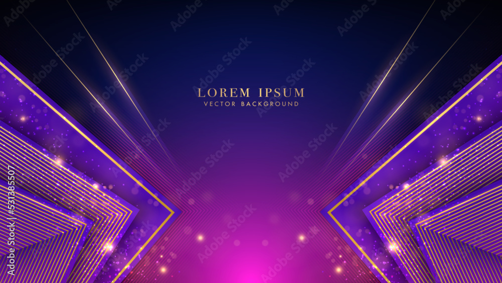 Sticker purple triangle with golden line, sparkle glowing effect and bokeh elements on blue and pink backgro
