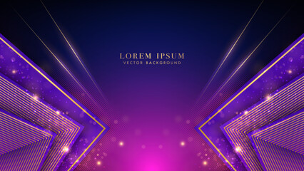 Purple triangle with golden line, sparkle glowing effect and bokeh elements on blue and pink background