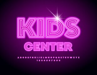 Vector glowing emblem Kids Center. Pink Neon Alphabet Letters and Numbers set. Bright Illuminated Font