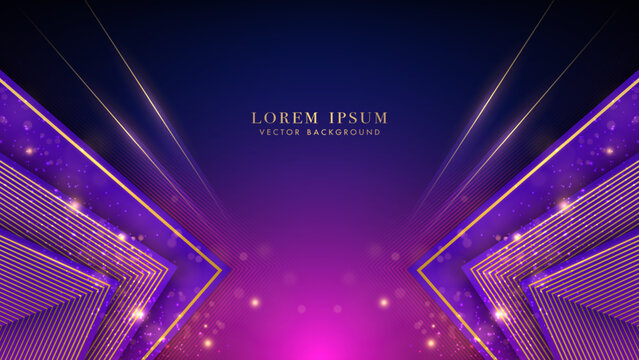 Purple triangle with golden line, sparkle glowing effect and bokeh elements on blue and pink background