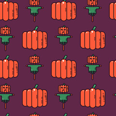 Halloween seamless pattern with pumpkin and spooky scarecrow. Line art isolated vector. Fun cartoon illustration for autumn background, wrapping paper, fabric print. Cute festive cartoon doodle
