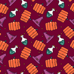 Halloween seamless pattern with pumpkin, witch hat and potion bottle. Fun cartoon vector illustration for wrapping paper, fabric print, background. Cute isolated autumn line art. Magic festive cartoon
