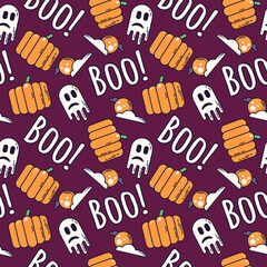 Halloween seamless pattern with pumpkin, boo ghost and full moon. Spooky fun vector illustration for wrapping paper, fabric print, backgrounds. Cute isolated autumn cartoon. Colorful line art