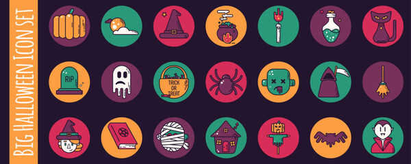Fototapeta na wymiar Halloween icon set. Isolated colorаul vector illustration. Halloween symbols and characters. Pumpkin, witch, hat, spider, bat, zombie, vampire, poison, full moon, magic cat, ghost. Linear flat style