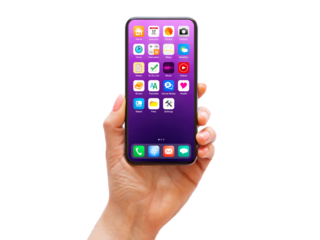 Mobile phone in hand on isolated background, home screen mockup