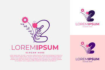 Numeric 2 logo design vector template illustration with flowers