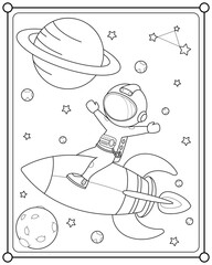 Cute astronaut flying on a rocket into space suitable for children's coloring page vector illustration
