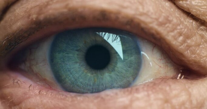 Eyes, vision and focus with the eye of a senior during a test or exam for prescription eyewear, glasses or contact lenses. Wrinkles, pupil and iris of an elderly person at the optometrist or optician