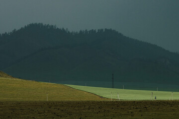 Green fields and slopes of the Altai Mountains