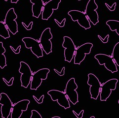 Butterflies painted with pink lines on a black background.Seamless background.