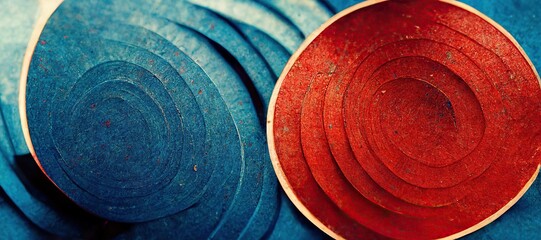 Blue and red Abstract aging enamel painted steel circle cutout metal sheets - minimalistic patterns, rough grungy industrial rust texture. Modern digital art background, highly detailed.