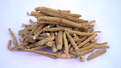 Ashwagandha Dry Root Medicinal Herb with Fresh Leaves, also known as Withania Somnifera, Ashwagandha, Indian Ginseng, Poison Gooseberry, or Winter Cherry. 