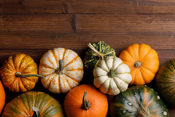 Pumpkins on wooden background