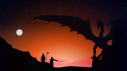 sword mage fighting dragon at night. wizard swordsman background. knight with sword against dragon. knight with sword fighting dragon at night. 