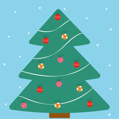 Christmas card with a smart Christmas tree on a blue background with snowflakes for a postcard tag or brochure