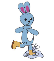 Bunny splashes through the puddles. Children's illustration in cartoon style. Vector illustration isolated on white background.