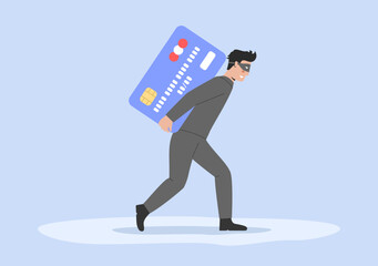 Concept Of Transaction Security, Cyber Crime And Hacker Attack. Cheater In Face Mask Has Stolen Credit Card Data. Hacker Carrying Stolen Bank Card. Cartoon Outline Linear Flat Vector Illustration
