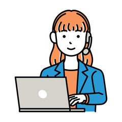 コールセンター　オペレーター　女性　ノートパソコン　ロングヘア