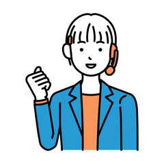 コールセンター　オペレーター　女性　ガッツポーズ　ショートカット