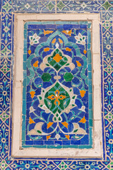 The pattern on the wall of the madrasah. Registan square. Samarkand city, Uzbekistan.