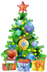 Watercolor illustration: Christmas tree decorated with decoration. Template for the design of posters, cards, invitations