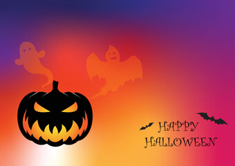 Halloween Spooky Nighttime Scene Horizontal Background, orange halloween banner with pumpkin and flying bats, spiders, holographic abstract colorful background. 