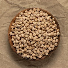 A bowl of chickpeas. Top view, close-up.